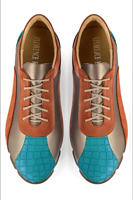 Turquoise blue, tan beige and terracotta orange women's three-tone elegant sneakers. Round toe. Flat rubber soles. Top view - Florence KOOIJMAN